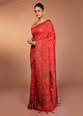 Red Dupion Silk Saree With Blouse Piece
