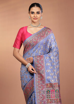 Blue Dupion Silk Saree With Blouse Piece