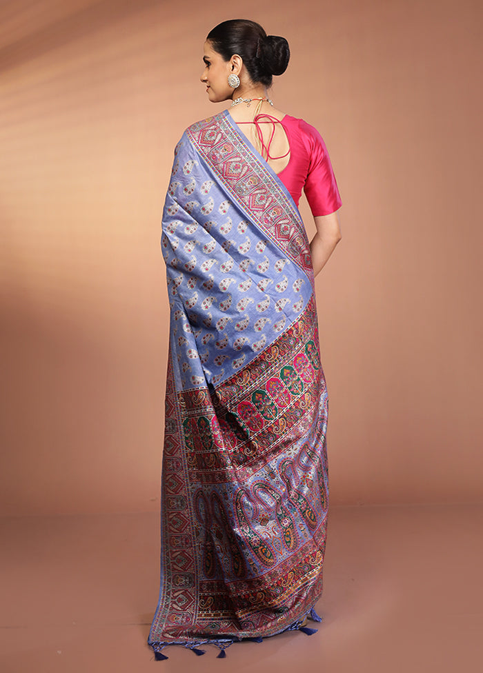 Blue Dupion Silk Saree With Blouse Piece