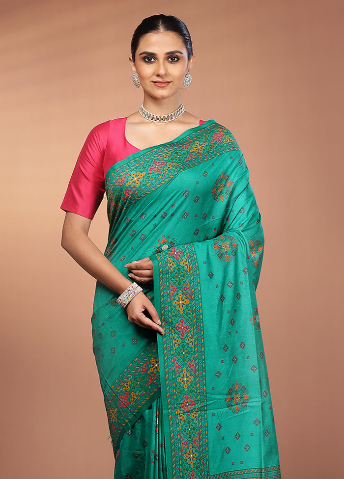 Green Dupion Silk Saree With Blouse Piece