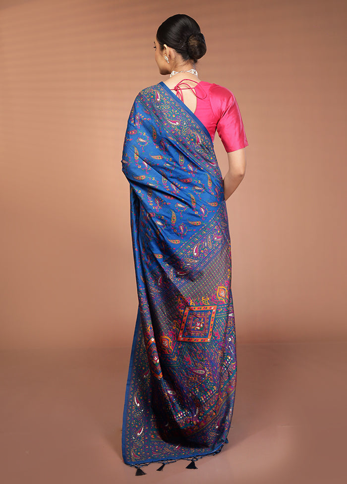 Blue Dupion Silk Saree With Blouse Piece