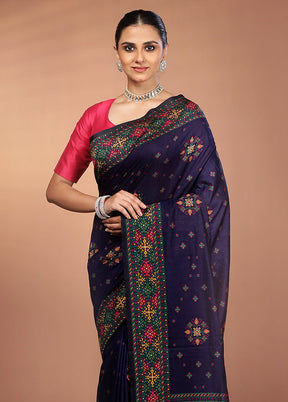 Blue Dupion Silk Saree With Blouse Piece