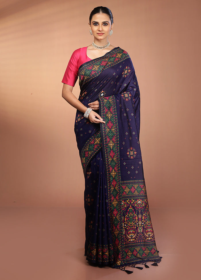 Blue Dupion Silk Saree With Blouse Piece