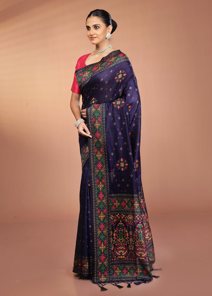 Blue Dupion Silk Saree With Blouse Piece