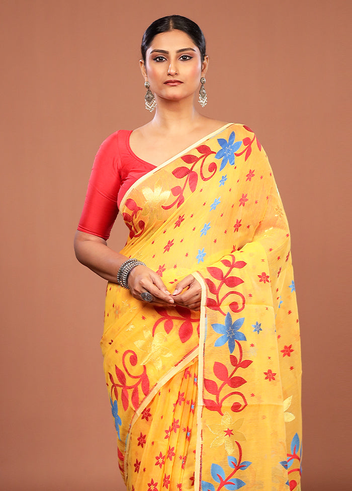 Yellow Jamdani Cotton Saree Without Blouse Piece