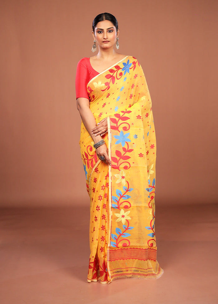 Yellow Jamdani Cotton Saree Without Blouse Piece