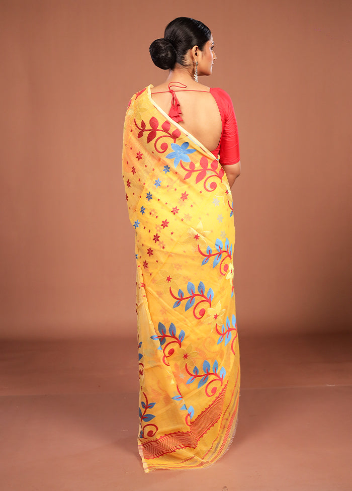 Yellow Jamdani Cotton Saree Without Blouse Piece