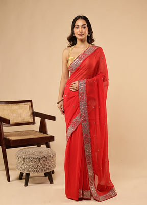 Red Chiffon Silk Saree With Blouse Piece