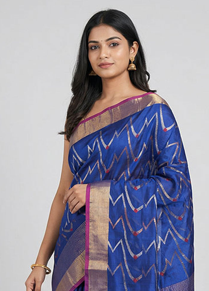 Blue Handloom Chanderi Pure Silk Saree With Blouse Piece