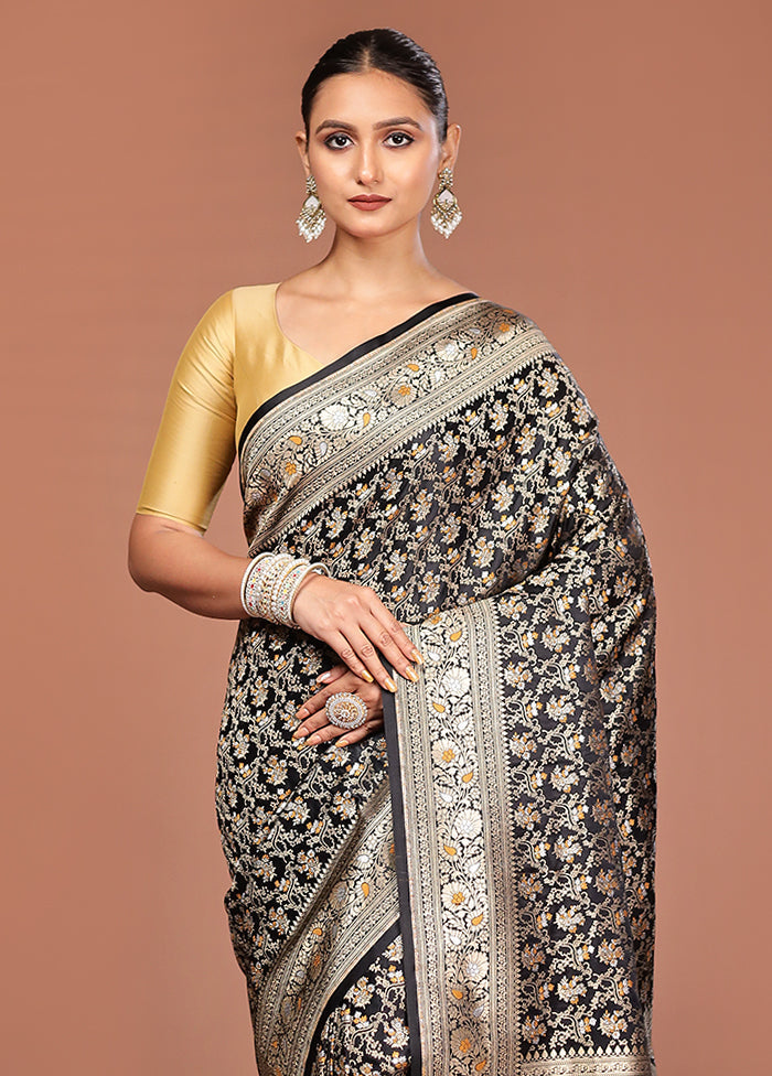 Black Handloom Tanchoi Pure Silk Saree With Blouse Piece