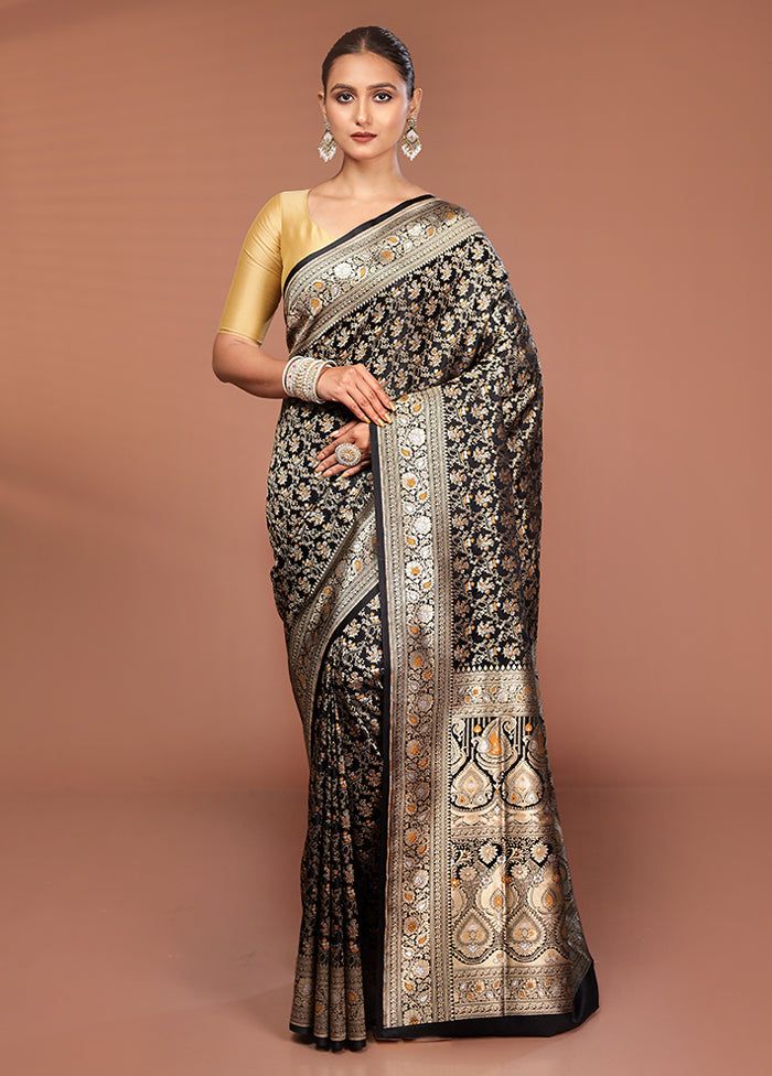 Black Handloom Tanchoi Pure Silk Saree With Blouse Piece