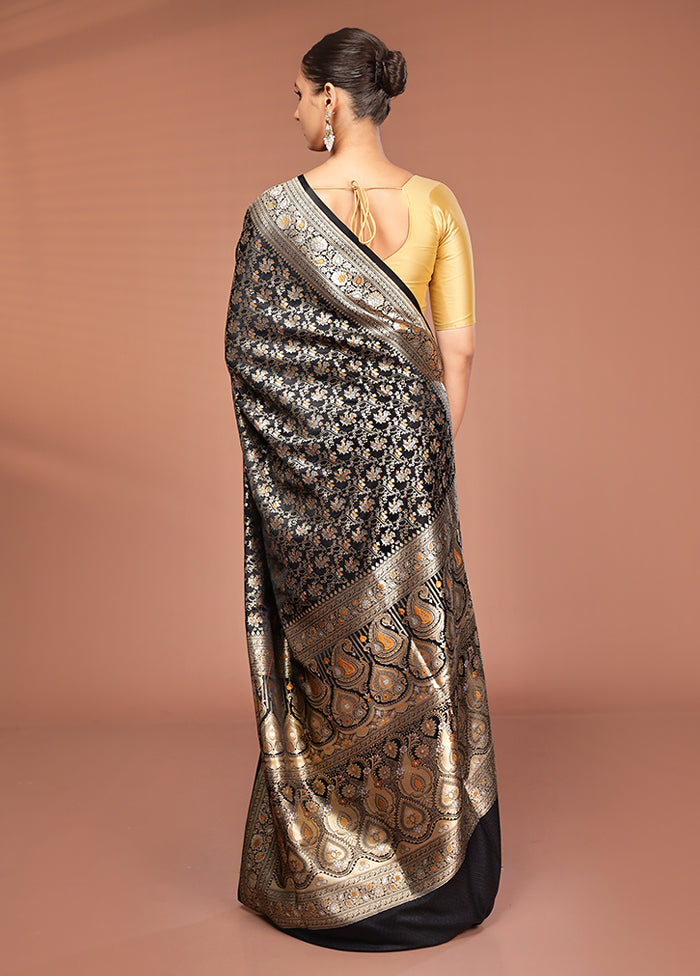 Black Handloom Tanchoi Pure Silk Saree With Blouse Piece
