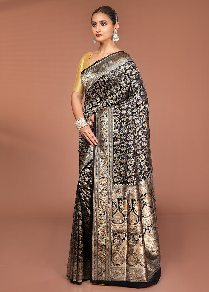 Black Handloom Tanchoi Pure Silk Saree With Blouse Piece