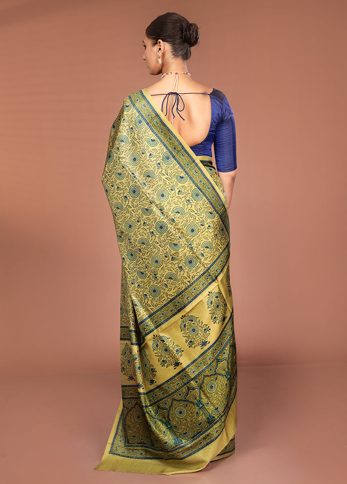Green Handloom Printed Pure Silk Saree Without Blouse Piece