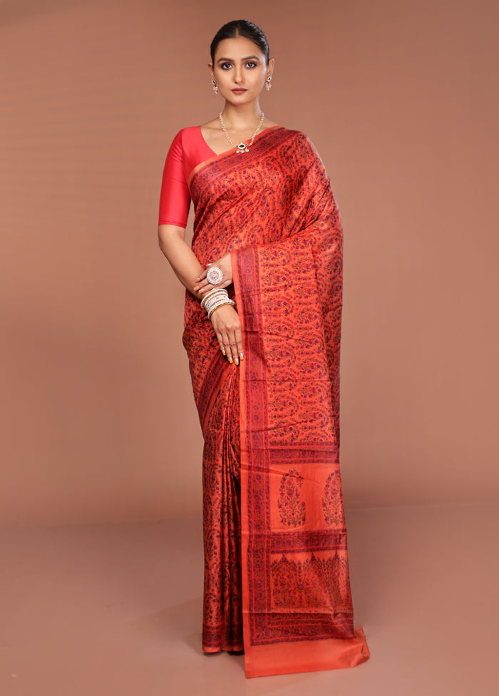 Orange Handloom Printed Pure Silk Saree Without Blouse Piece