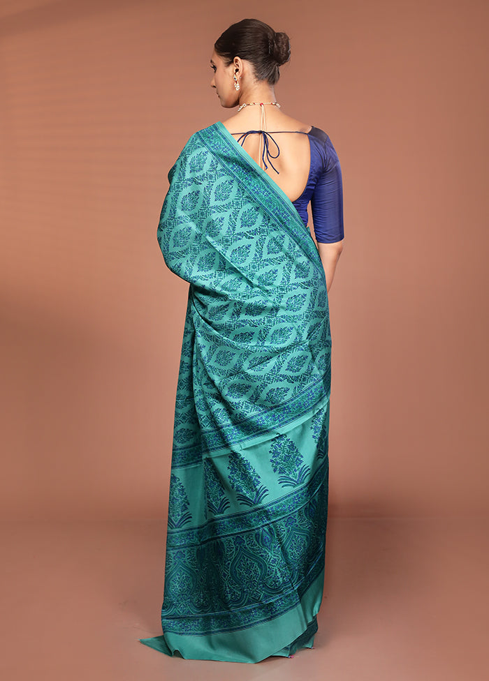 Green Handloom Printed Pure Silk Saree Without Blouse Piece