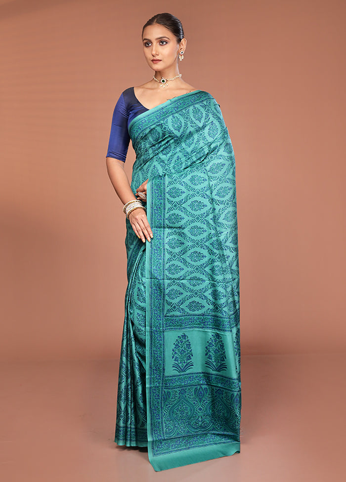 Green Handloom Printed Pure Silk Saree Without Blouse Piece