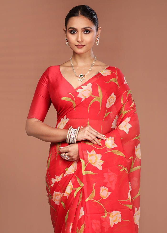 Red Handloom Chiffon Pure Silk Saree With Blouse Piece