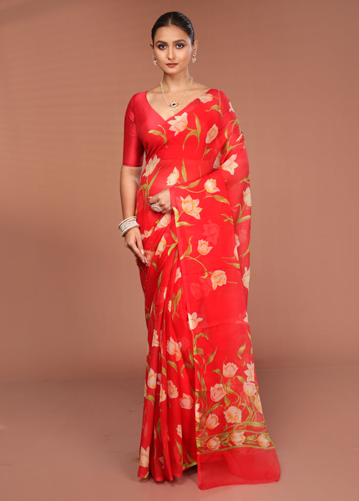Red Handloom Chiffon Pure Silk Saree With Blouse Piece