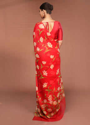 Red Handloom Chiffon Pure Silk Saree With Blouse Piece