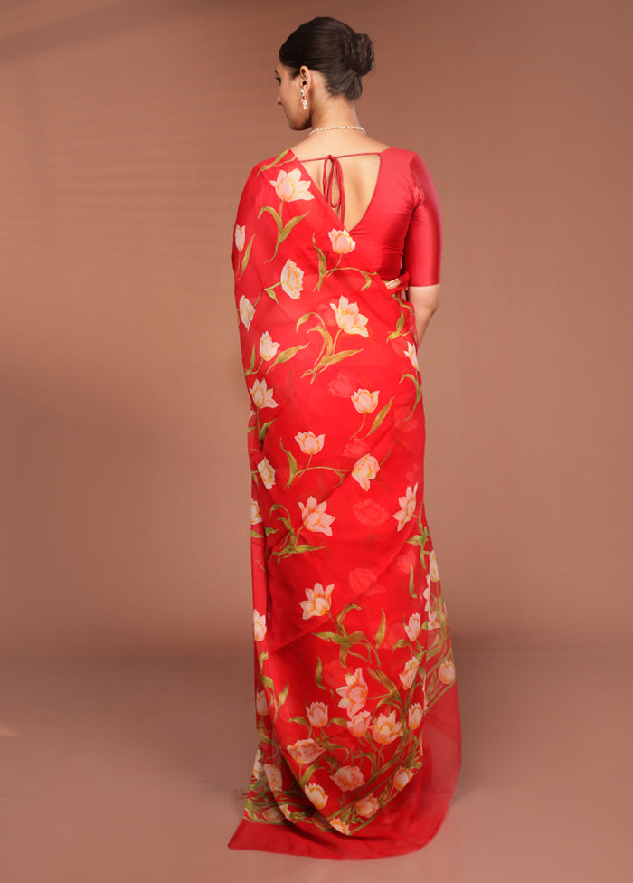 Red Handloom Chiffon Pure Silk Saree With Blouse Piece