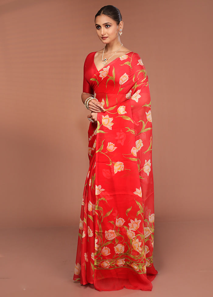 Red Handloom Chiffon Pure Silk Saree With Blouse Piece