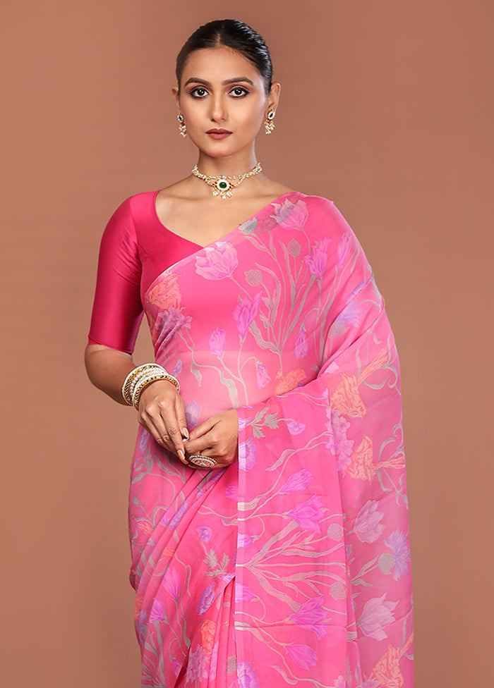 Pink Handloom Chiffon Pure Silk Saree With Blouse Piece