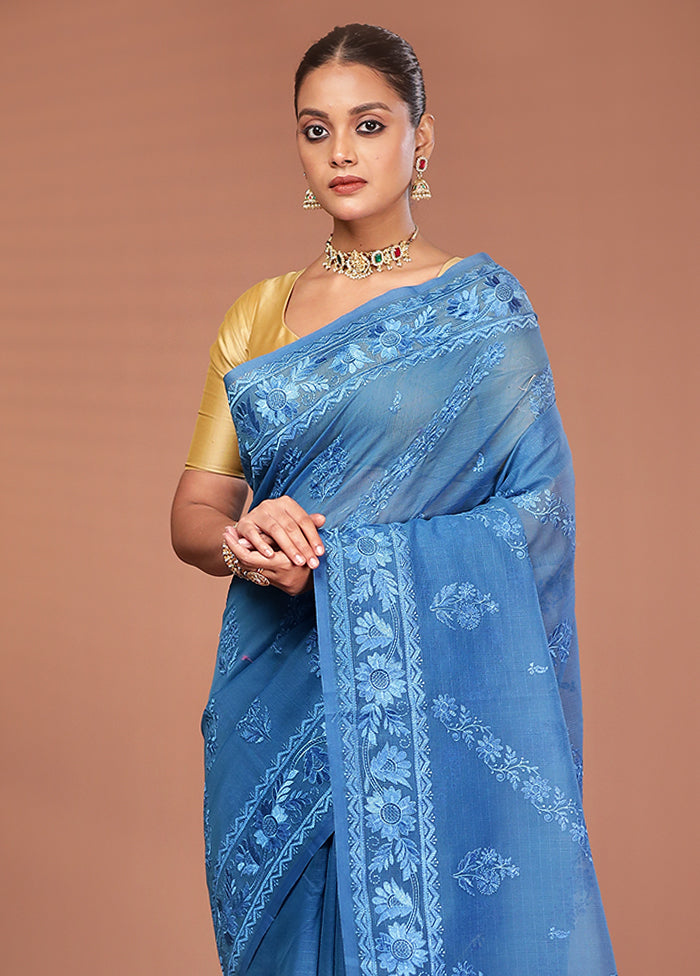 Blue Pure Cotton Saree With Blouse Piece