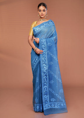 Blue Pure Cotton Saree With Blouse Piece