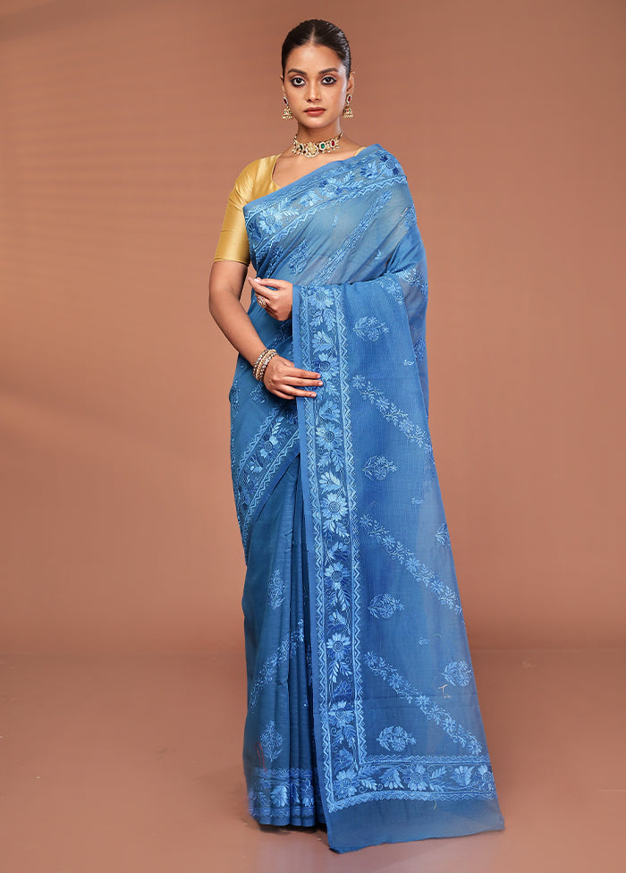 Blue Pure Cotton Saree With Blouse Piece