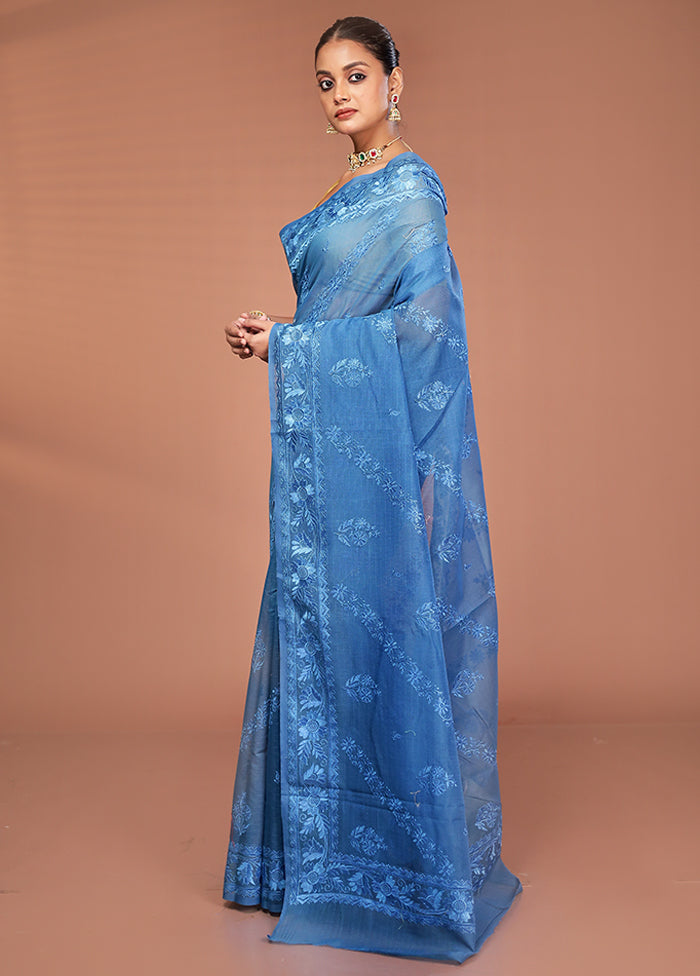 Blue Pure Cotton Saree With Blouse Piece