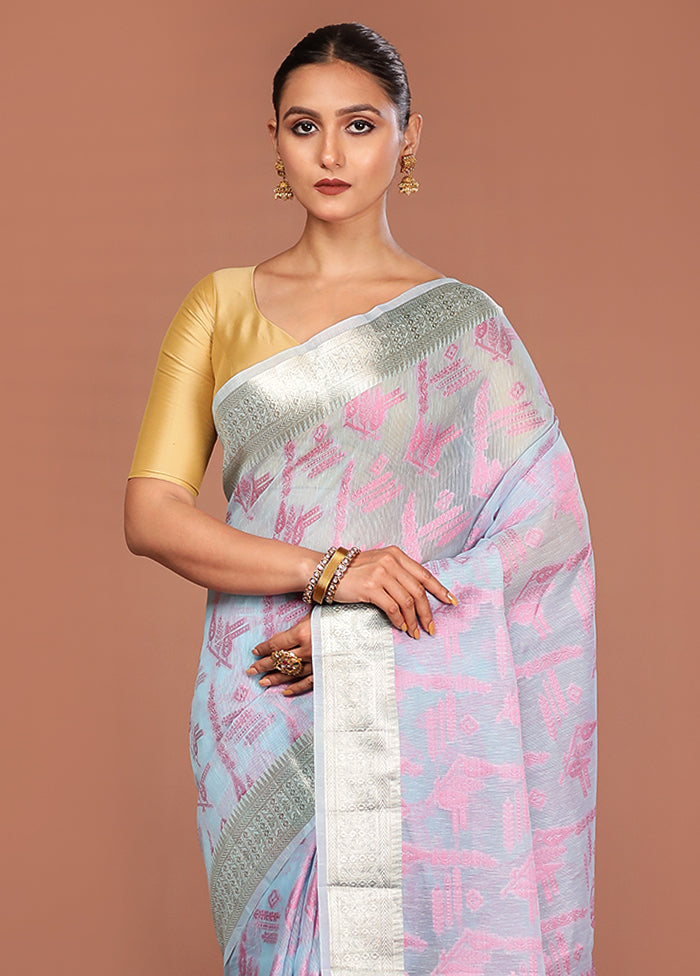 Blue Cotton Saree With Blouse Piece