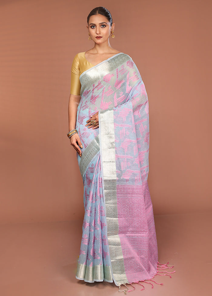 Blue Cotton Saree With Blouse Piece