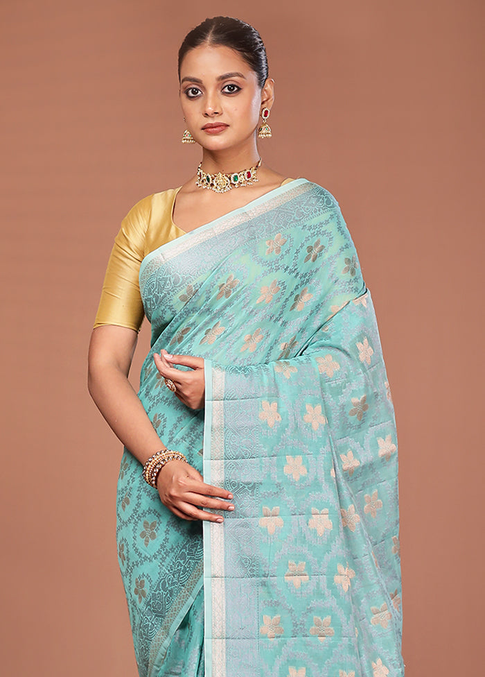 Blue Kora Silk Saree With Blouse Piece