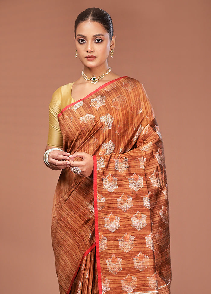 Brown Kora Silk Saree With Blouse Piece