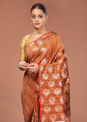 Brown Kora Silk Saree With Blouse Piece
