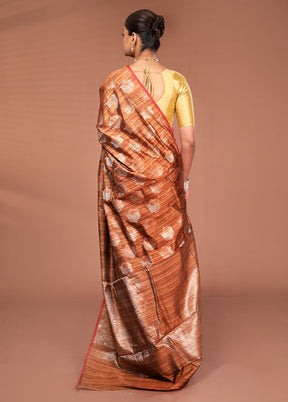 Brown Kora Silk Saree With Blouse Piece