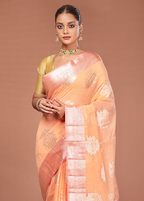 Peach Kora Silk Saree With Blouse Piece