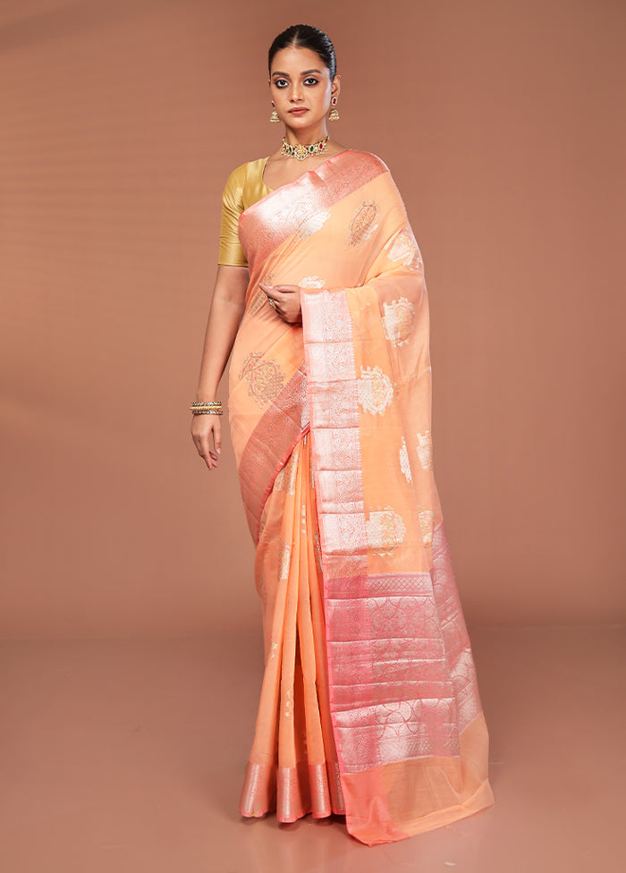Peach Kora Silk Saree With Blouse Piece