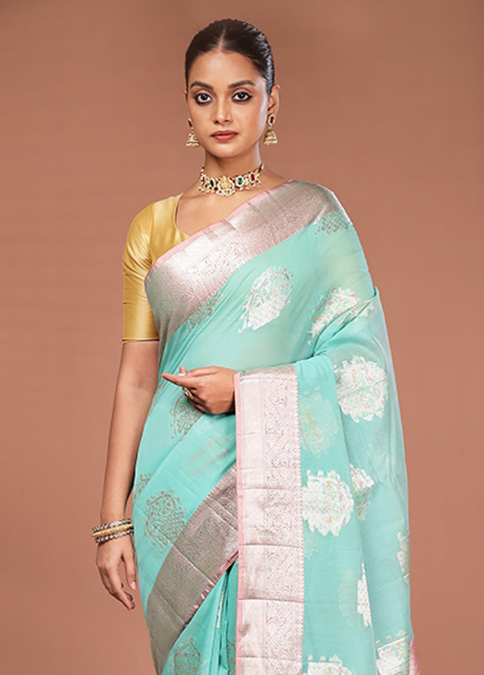 Blue Kora Silk Saree With Blouse Piece