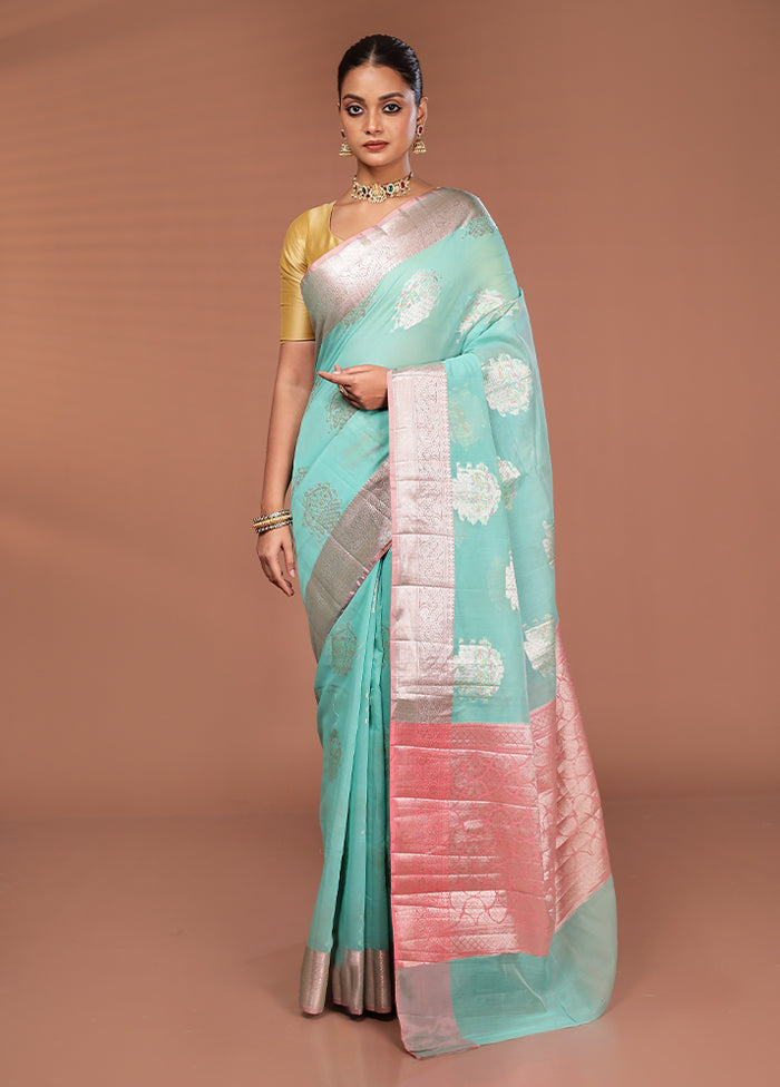 Blue Kora Silk Saree With Blouse Piece