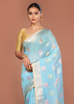 Blue Kora Silk Saree With Blouse Piece
