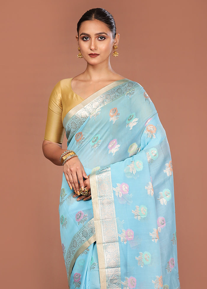Blue Kora Silk Saree With Blouse Piece