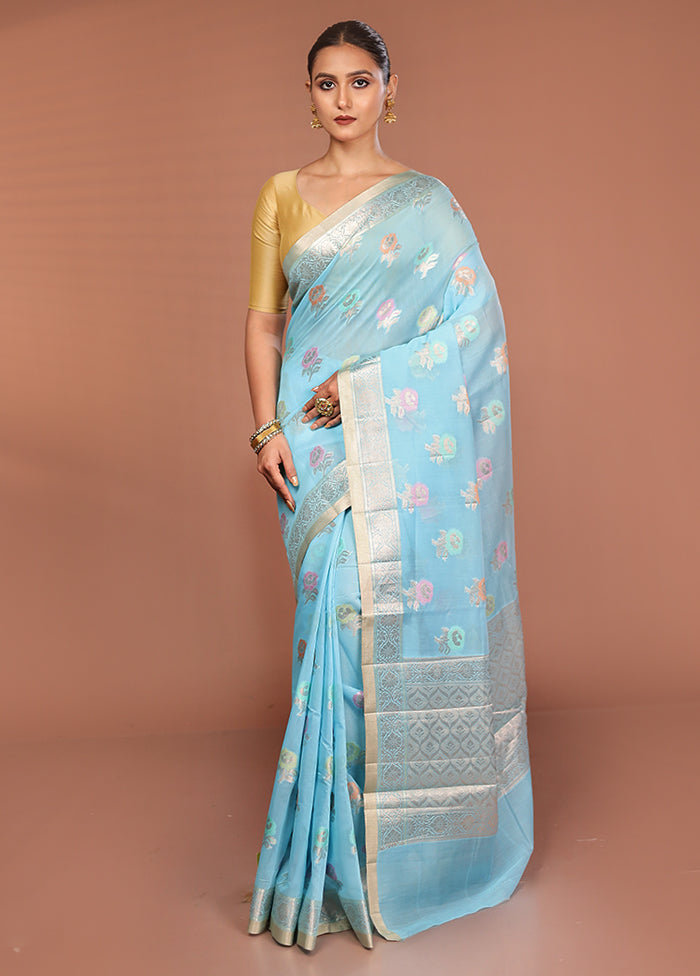 Blue Kora Silk Saree With Blouse Piece