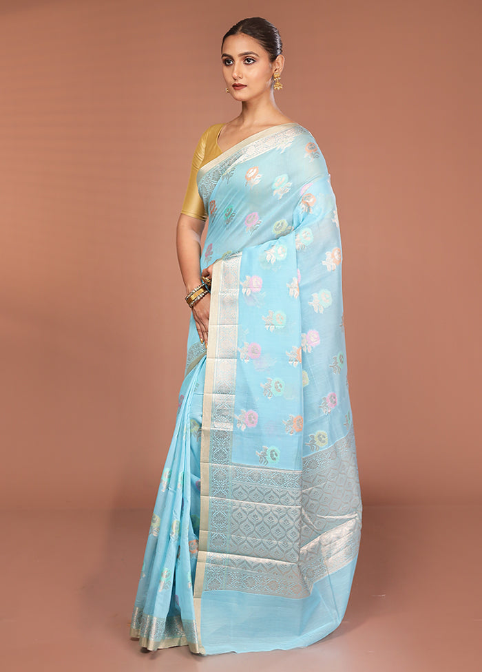 Blue Kora Silk Saree With Blouse Piece