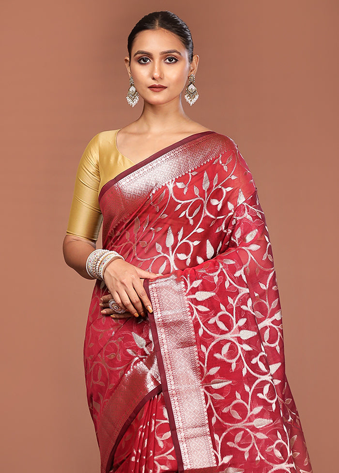 Maroon Kora Silk Saree With Blouse Piece