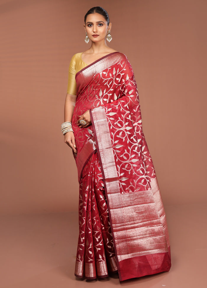 Maroon Kora Silk Saree With Blouse Piece