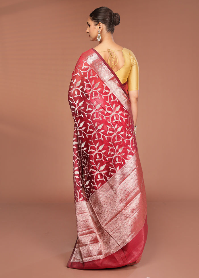Maroon Kora Silk Saree With Blouse Piece