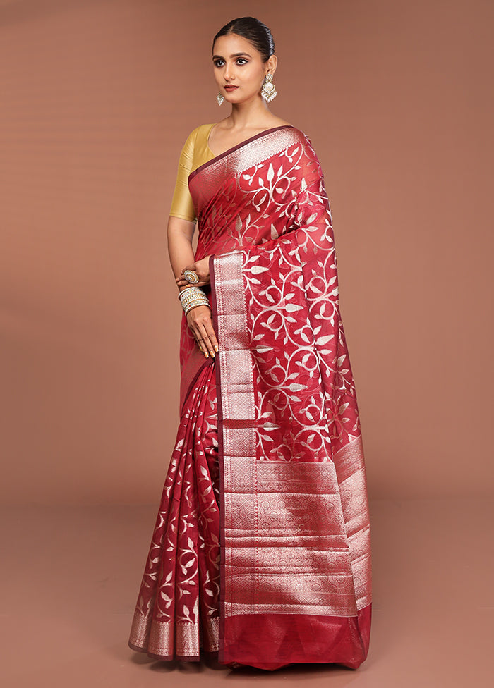 Maroon Kora Silk Saree With Blouse Piece