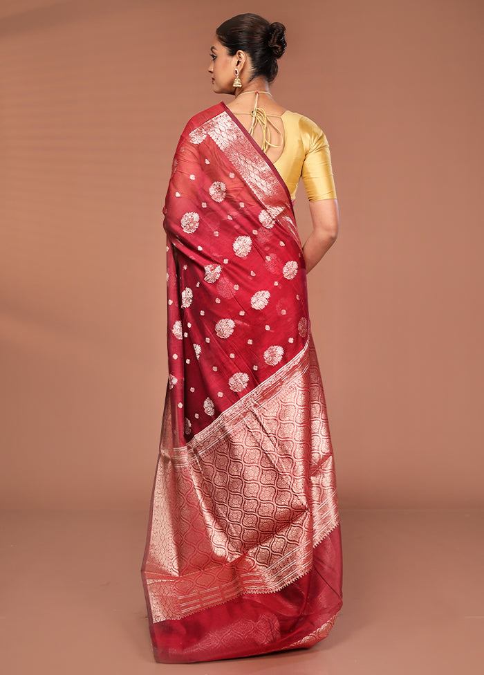 Maroon Kora Silk Saree With Blouse Piece
